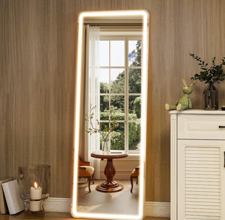 Full Length Body Mirror with Stand, Wall Mounted Hanging Mirror with Light Design, Freestanding Floor Mirror for Bedroom and Dressing Area