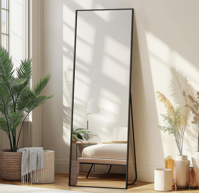 Large Full Length Wall Mirror with Stand, Full Body Standing Mirror with Aluminum Frame for Bedroom, Bathroom, Living Room and Door Decor